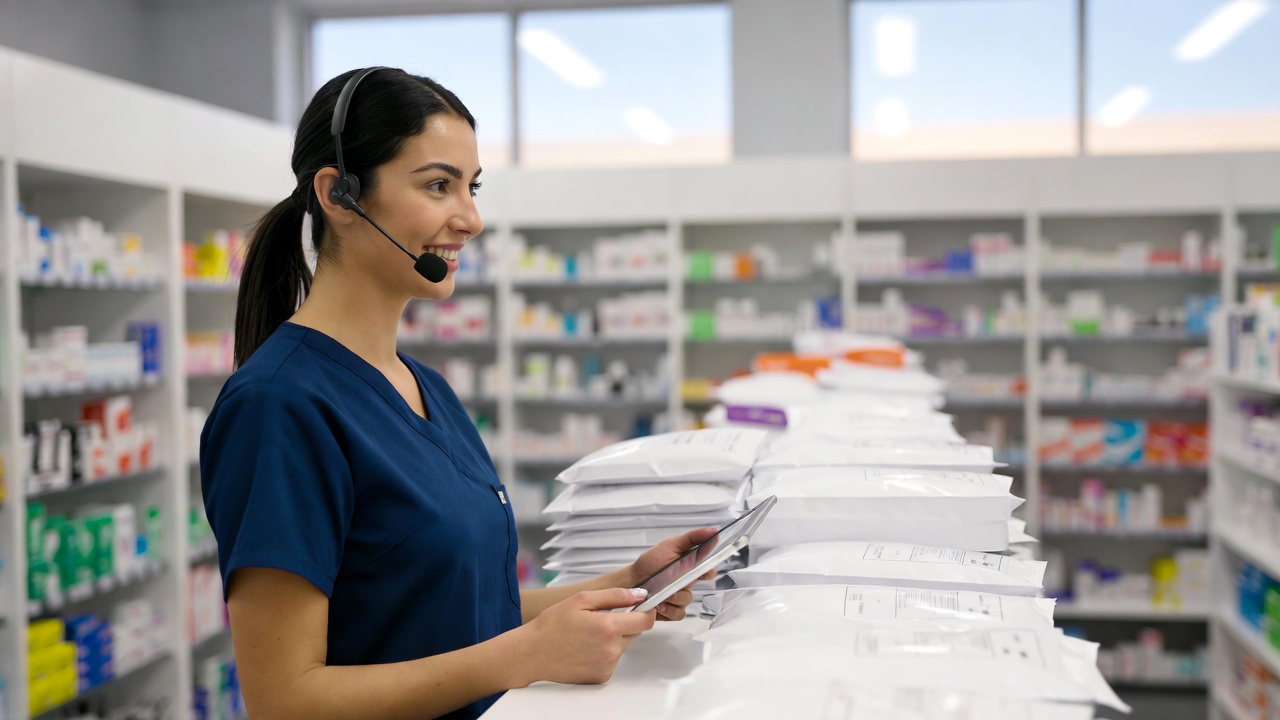 Personal bilingüe de farmacia preparando medicamentos para entrega a domicilio en Dallas