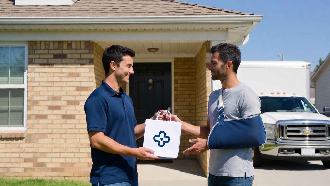 Car accident patient receiving prescription medications at home from a pharmacy delivery driver