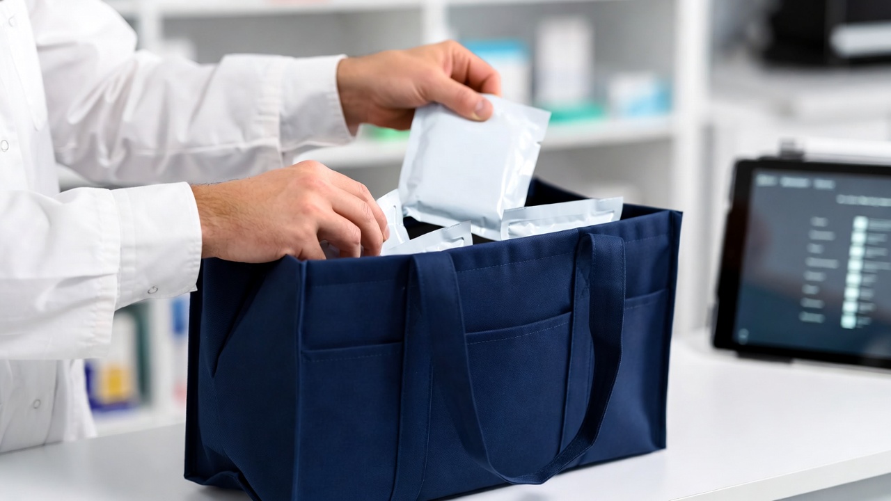 Pharmacist preparing workers' compensation medications for delivery to an injured worker